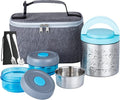 Lille Home Stainless Steel Thermal Lunch Box Set with Lunch Bag and Cultery | 22 Oz Vacuum Insulated Lunch Bento Box, to Keep Food Warm/Cool, 2 Small Food Container for Snack, Fruits and Sauces (Blue)