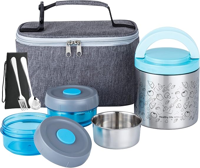 Lille Home Stainless Steel Thermal Lunch Box Set with Lunch Bag and Cultery | 22 Oz Vacuum Insulated Lunch Bento Box, to Keep Food Warm/Cool, 2 Small Food Container for Snack, Fruits and Sauces (Blue)