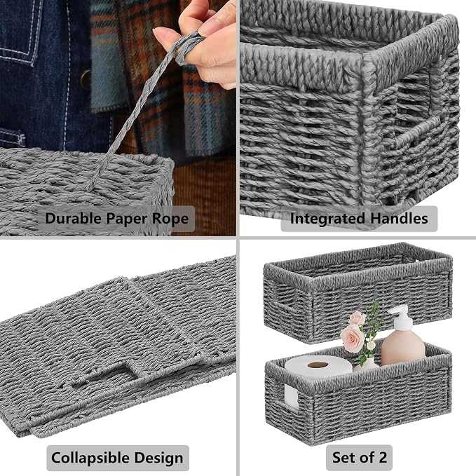 Vagusicc Wicker Storage Basket, Set of 2 Hand Woven Wicker Baskets for Organizing with Handles, Decorative Small Storage Bins for Countertop Toilet Paper Basket for Toilet Tank Top Shelves, Grey