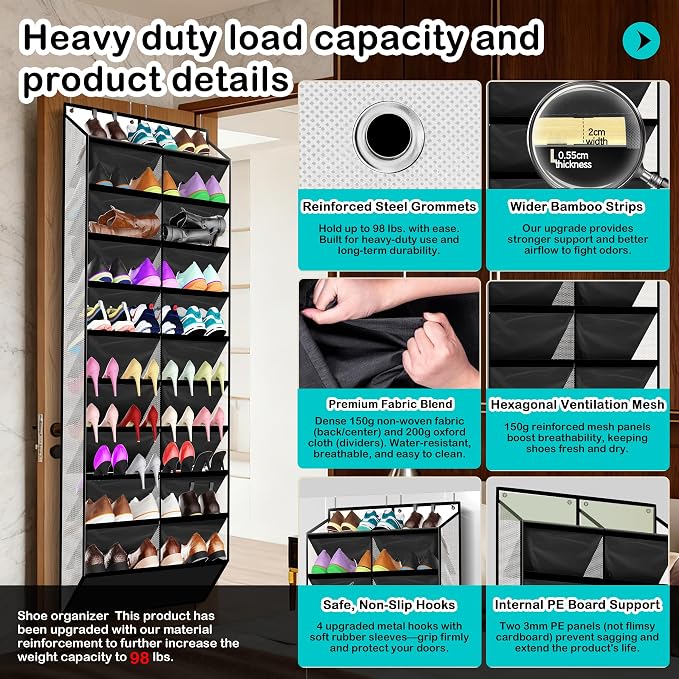 Kotkn 10-Tier Over the Door Shoe Organizer, 20 Pockets Holds 20-30 Pairs, Heavy-Duty Oxford Fabric with Hexagon Mesh for Boots & Sneakers-White