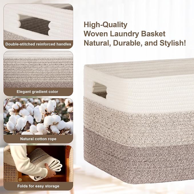 72L Large Woven Laundry Basket Hamper with Handles, Gradient Brown | 22"x17"x12", collapsible wicker hamper, storage for dirty clothes, toys, blankets, gifts, living room, bedroom, bathroom