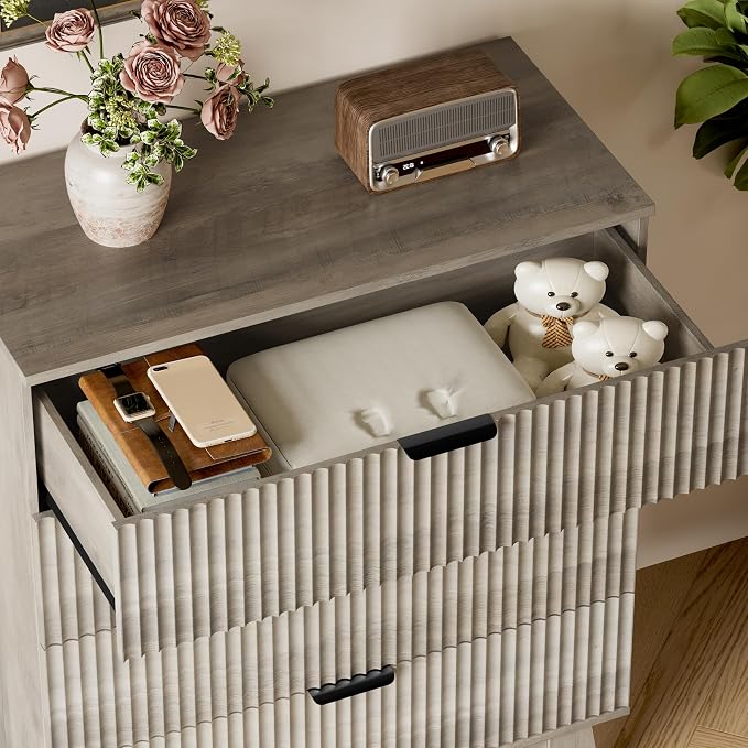 BORNOON 39" Tall Dresser for Bedroom, 4-Drawer Fluted Chest of Drawers, Modern Wood Highboy with Deep Storage, Metal Slides & Handles, Anti-Tip Kit, Vertical Clothes Organizer for Apartment, Nursery