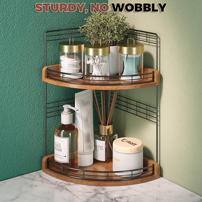 Bathroom Countertop Corner Organizer for Small Spaces, 2-Tier Counter Shelf | Oak Wood & Iron, Fan-Shaped Counter Shelf for Sink & Vanity Corners, Skincare, Toiletries, Compact Vertical Storage, Walnut
