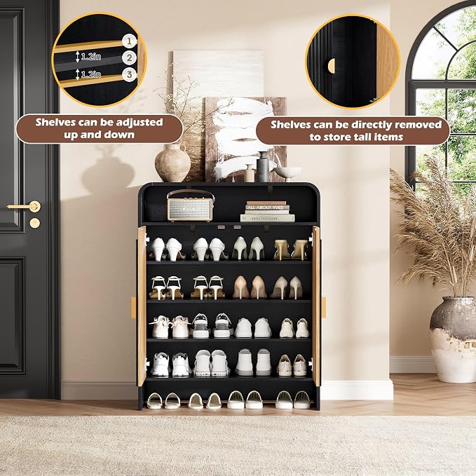 Maupvit Modern Shoe Cabinet for Entryway, Shoe Storage Cabinet with Fluted Doors, Wood Shoe Organizer with Open Shelves & Golden Handles, Freestanding Shoe Rack for Hallway, Living Room, Black
