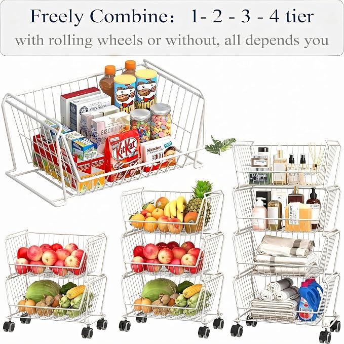 PUSDON 4-Tier Large Stackable Wire Storage Baskets with Wheels, Metal Rolling Utility Cart Organizer, Produce Basket for Kitchen Pantry, Floor Shelf, Classic White