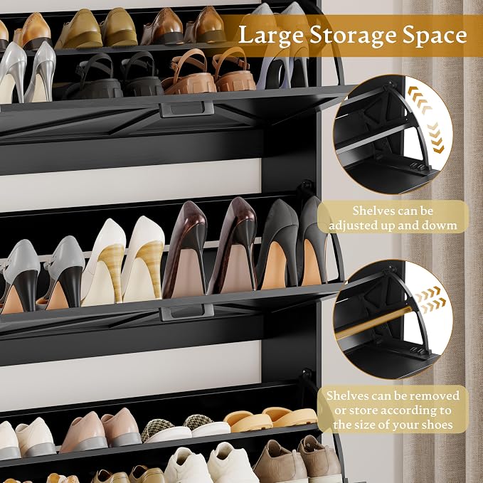 Wodeer Shoe Cabinet Storage for Entryway, Shoe Storage Cabinet with 3 Flip Drawers, Freestanding Narrow Shoe Rack Organizer with Metal Legs & Side Hook for Foyer, Hallway, Black