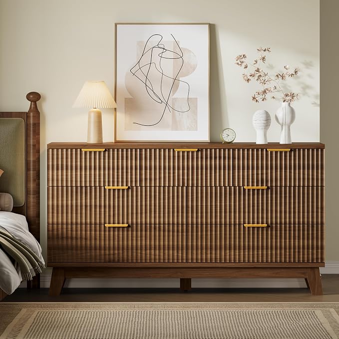 BORNOON Fluted 7 Drawer Dresser, 47.2" Wide Modern Boho Chest of Drawers, Wooden Storage Dresser TV Stand for Bedroom, Living Room, Closet, Hallway, Curved Profile Design