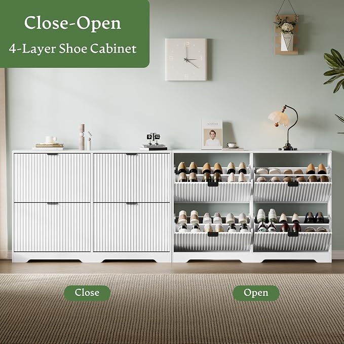 Xixini Shoe Storage Cabinet for Entryway with 4 Flip Drawers, Hidden Slim Wood Shoe Organizer with Modern Fluted Panel, Freestanding Narrow Shoe Rack for Front Door Entrance, Hallway, Foyer, White
