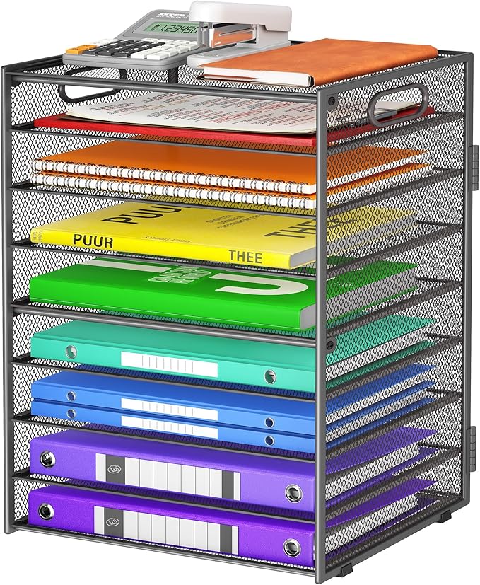 Cawukege 9 Tier Paper Organizer with Handle, Large Capacity Desk Organizer Mesh File Folder Letter Paper Tray Desktop Document Sorter for Classroom, School, and Office Accessories Organization - Grey