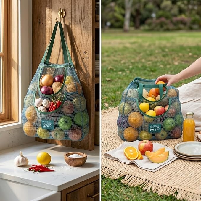 Durable Hanging Mesh Bags for Fruit & Vegetables. Reusable, Breathable Storage for Garlic, Potatoes & Pantry. Eco-Friendly Kitchen Organizer & Decor (2 extra large blue bags)