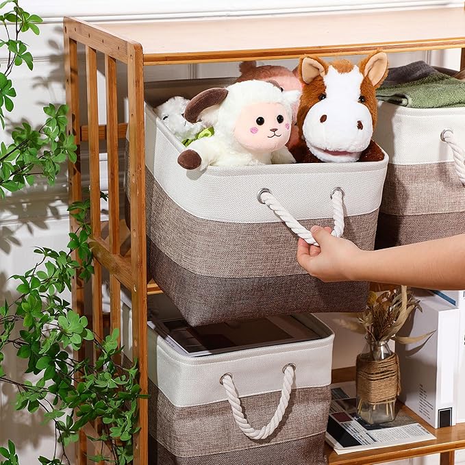 meekoo 8 Pack Collapsible Storage Bins Fabric Storage Bins Polyester Fabric Baskets with Handles Linen Closet Organizer for Shelf Home Closet Towels Toys(15 x 11 x 9.5 in,Mixed Beige)
