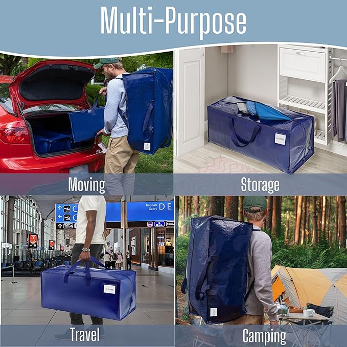 VENO 12 Pack Moving Bags w/Backpack Straps, Heavy Duty, Moving Boxes Alternative, Packing Supplies, Large Storage Totes for Dorm Room Essentials with Zipper for Clothes (Blue, 12 Pack)