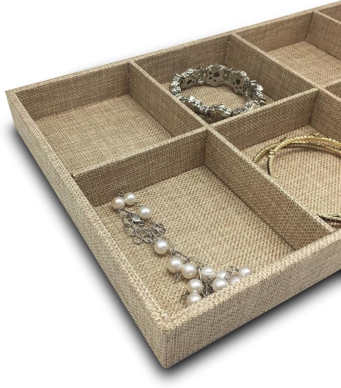 The Display Guys - Stackable Jewelry Tray and Organizer - for Drawers, Dressers, Store Display (8 Compartments, Beige Burlap)