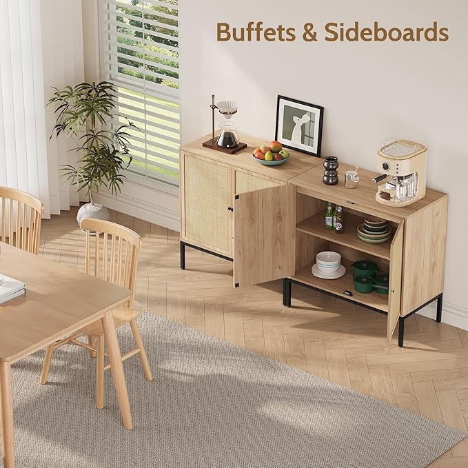 Yechen 31.5" Sideboard Cabinet with Natural Rattan Decorated Doors, Rattan Cabinet, Accent Buffet Console Storage Cane Credenza Cupboard, for Living Room Dining Room Entryway Kitchen, Metal Legs