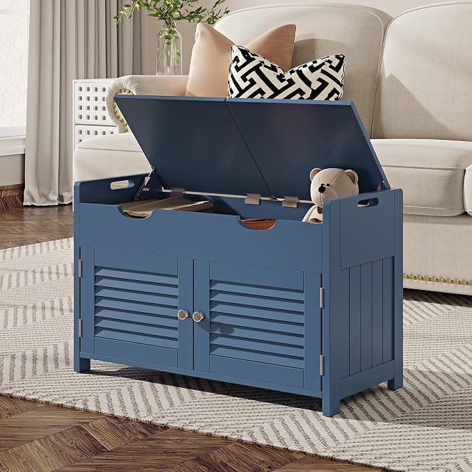 ChooChoo Shoe Storage Bench with Lift Top Storage & Cushioned Seats | 29.5" Entryway Bench with 3 Compartments & Adjustable Shelf, for Entryway, Blue