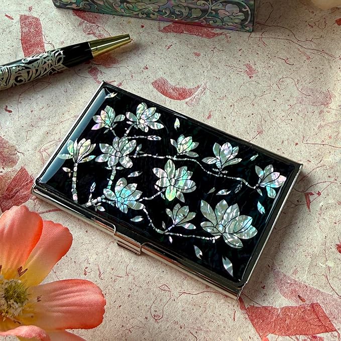 Mother of Pearl Business Card Case Credit Id Name Holder Travel Wallet Art Painting Design Metal Stainless Steel Engraved Slim Purse Pocket Cash Money Wallet (N_Magnolia)