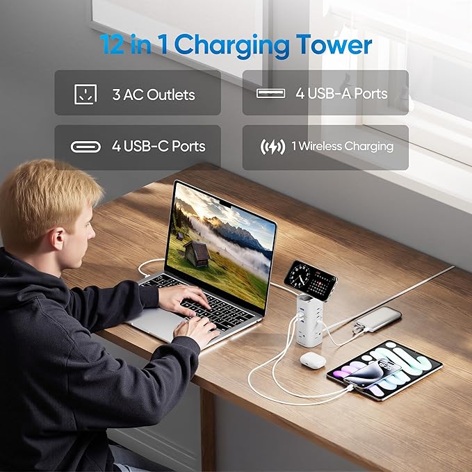 115W Fast Charging Station, TenTrend Power Strip Tower, 5FT Extension Cord | Charging Tower with 3AC Outlets & 8 USB Ports(4 USB-C), Foldable 15W Charging, Dorm, Office Desk Supplies