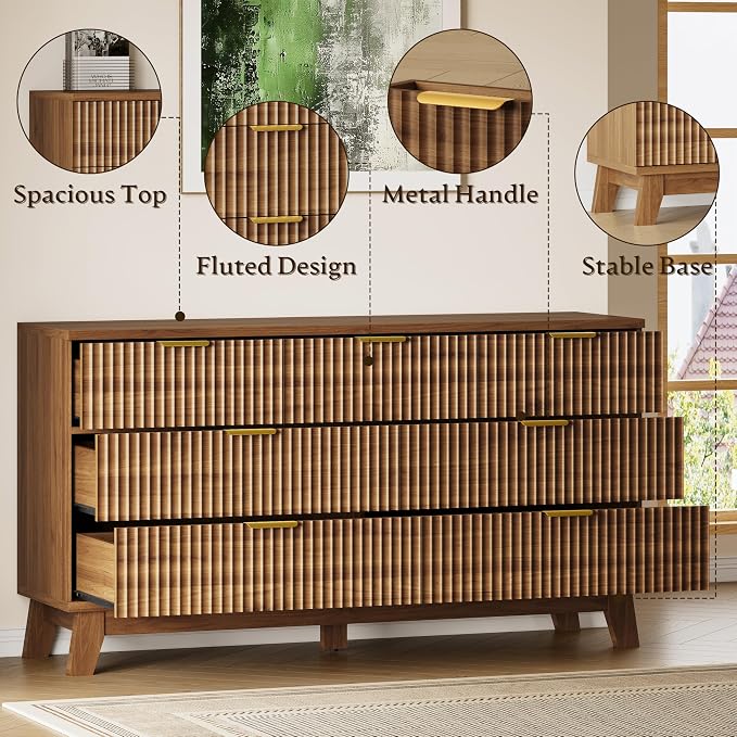BORNOON Fluted 7 Drawer Dresser, 47.2" Wide Modern Boho Chest of Drawers, Wooden Storage Dresser TV Stand for Bedroom, Living Room, Closet, Hallway, Curved Profile Design