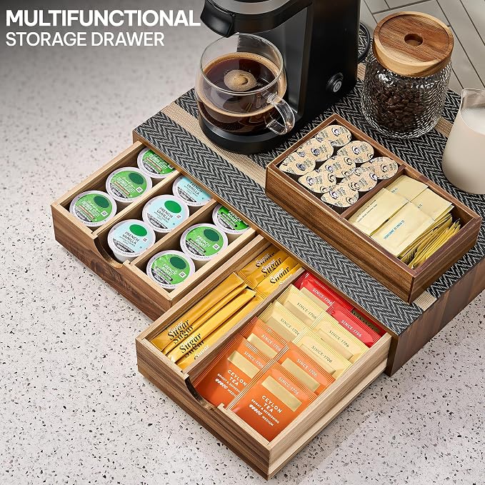SMARTAKE Acacia Wooden K Cup Organizer Coffee Pod Storage Box | Coffee Pod Tea Organizer, K Pod Drawer Coffee Maker Stand, Kcup Holder for Countertop Kitchen Office Coffee Bar