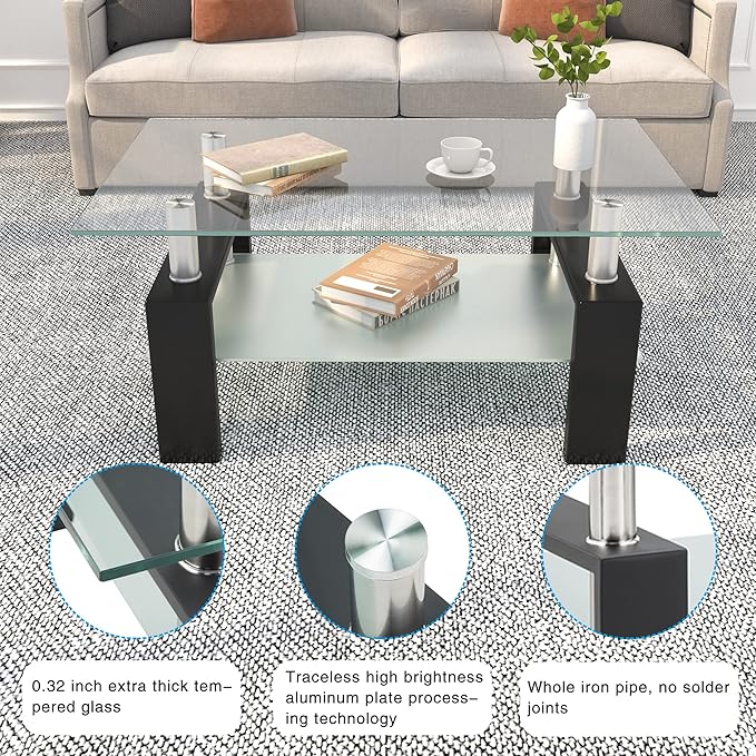 Meihua Rectangle Glass Coffee Table 2-Tier Tea Table Modern Side Coffee Table for Living Room Black