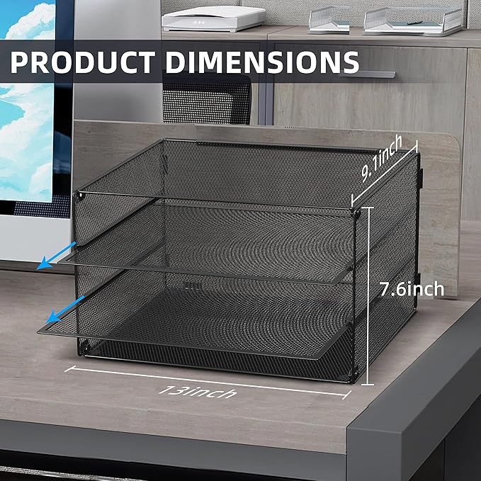 DALTACK 3 Tier Letter Tray Paper Organizer for Desk, Mesh Metal Desk File Organizer with Sliding Trays for Letter/A4 Paper, Mail, Bills & Folders, Black