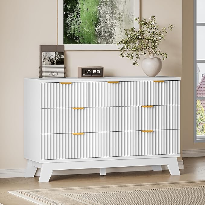 BORNOON Fluted 7 Drawer Dresser, 47.2" Wide Modern Boho Chest of Drawers, Wooden Storage Dresser TV Stand for Bedroom, Living Room, Closet, Hallway, Curved Profile Design