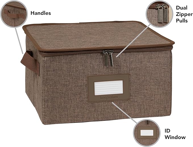 Covermates Keepsakes Zip-Top Storage Box Set, 3 Pack Heavy Duty Polyester Organizer Bins, Stackable Design, ID Window, Reinforced Handles, Closet Home Storage, Brown Heather