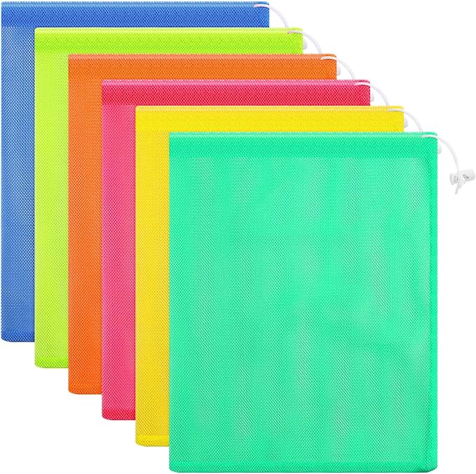 Frienda 6 Pieces Mesh Stuff Sack, 11 x 15 Inch Durable Nylon Drawstring Laundry Bag for Rinsing Beach Toys, Seashell Collecting, Mesh Bags for Travel(Fluorescent Color)
