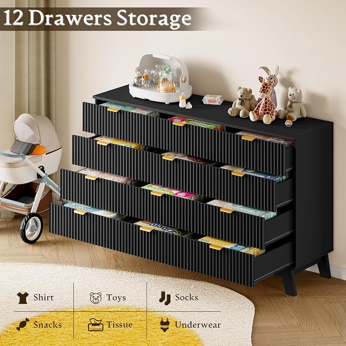 BORNOON 57" Wide Dresser for Bedroom, 12-Drawer Fluted Dresser with Metal Handles, Wood Chest of Drawers with Smooth Slides and Stable Base, Storage Cabinet for Living Room, Nursery, Timeless Noir