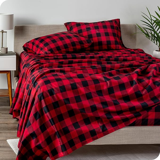 Bare Home Twin XL Sheet Set - 1800 Ultra-Soft Microfiber - Deep Pockets - Easy Fit - Extra Soft - 3 Piece Set - Bed Sheets (Twin XL, Buffalo Plaid - Red/Black)