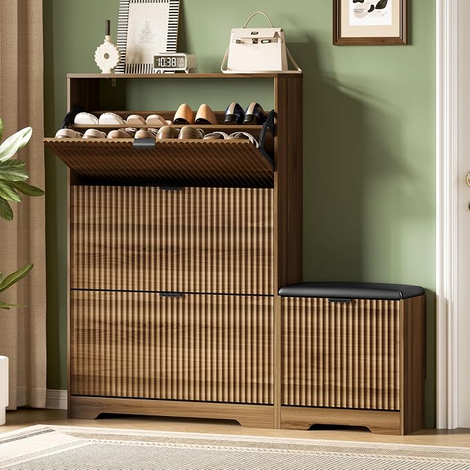 Xixini Shoe Storage Cabinet for Entryway with 3 Flip Drawers & Bench, Slim Wood Shoe Organizer with Modern Fluted Panel, Freestanding Narrow Shoe Rack for Front Door Entrance, Hallway, Foyer, Walnut