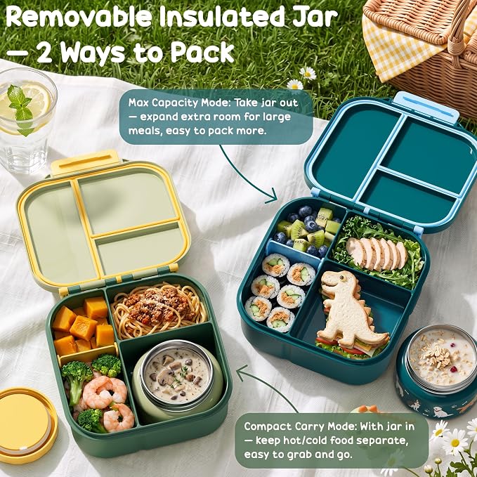 Fimibuke Kids Bento Lunch Box w/ 8.5oz Thermo Food Jar, Insulated Lunch Bag | Leak Proof 3-4 Compartments 60oz Toddler Lunch Food Container with Utensils, Sauce Cup for School Boys Girls, Dishwasher Safe