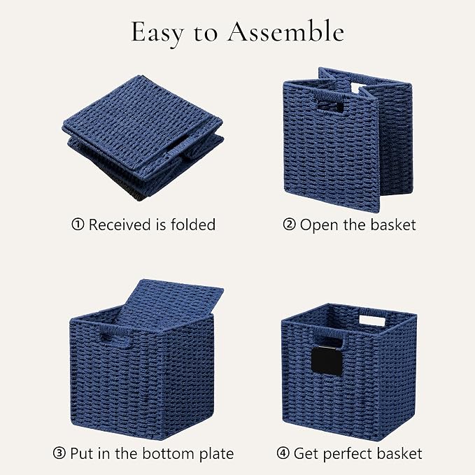 UBBCARE 2 Pack Wicker Basket, 10.5×10.5 Storage Cubes with Label, Foldable Cube Storage Bin with Handle, Square Storage Basket for Shelves, Woven Paper Rope Basket for Organizing, Blue