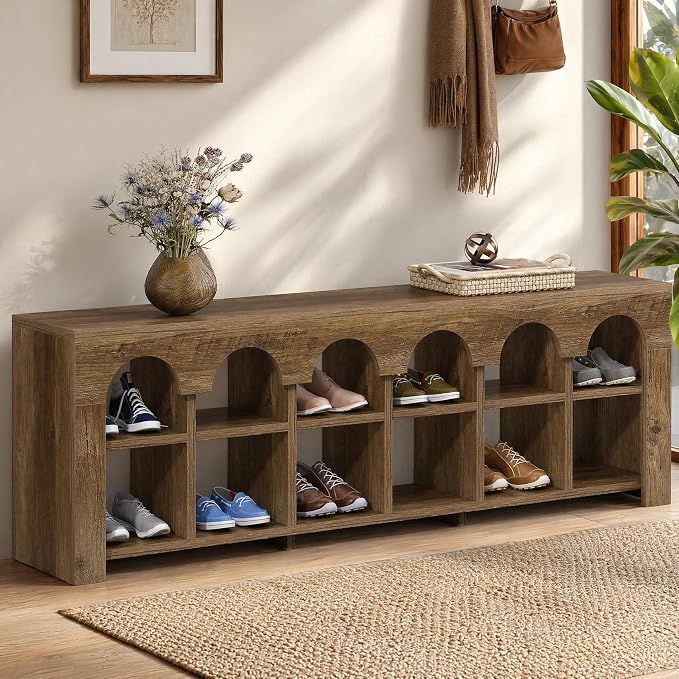 63" Entryway Bench with Shoe Storage, Farmhouse Bench with 12 Cubbies | Stores 12 Pairs, Slim 11.8" Profile, Arched Cubby Design, Shoe Organizer, Ventilated Storage, Wood Bedroom Bench