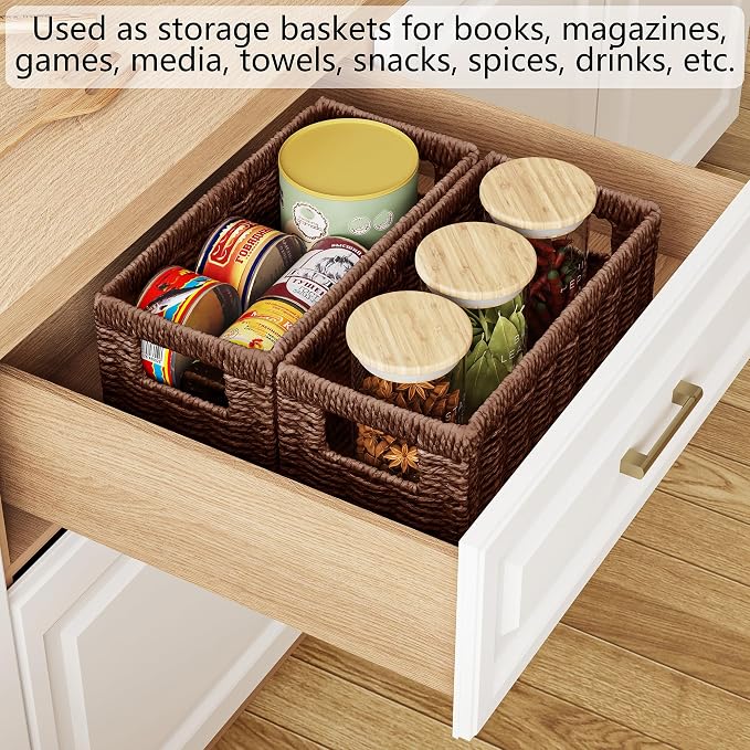 Vagusicc Wicker Storage Basket, Set of 2 Hand Woven Wicker Baskets for Organizing with Handles, Decorative Small Storage Bins for Countertop Toilet Paper Basket for Toilet Tank Top, Shelves, Brown