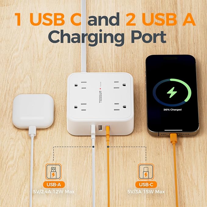 TESSAN Surge Protector Power Strip, 5 Ft Flat Plug Extension Cord with 3 USB (1 USB C) 8 Outlets, 900J Protection, 3 Sided Outlet Extender with Power Switch for Office, Dorm Room, White