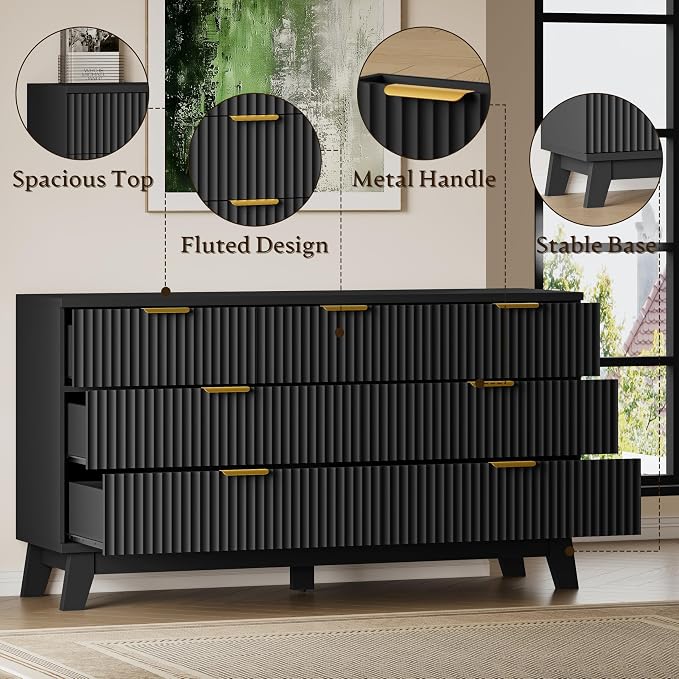 BORNOON Fluted 7 Drawer Dresser, 47.2" Wide Modern Boho Chest of Drawers, Wooden Storage Dresser TV Stand for Bedroom, Living Room, Closet, Hallway, Curved Profile Design