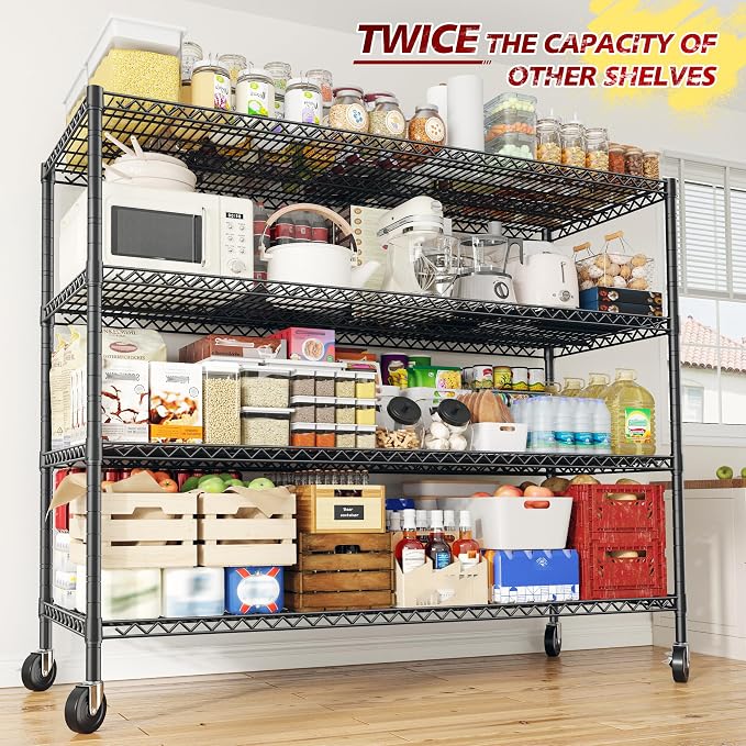 REIBII 55.52''W Storage Shelves 2480LBS Wire Shelving Unit with Wheels Heavy Duty Metal Shelves for Storage Adjustable Garage Storage Rack Kitchen Shelving,75.62" H X 55.52''W X 24.02" D,4PCS