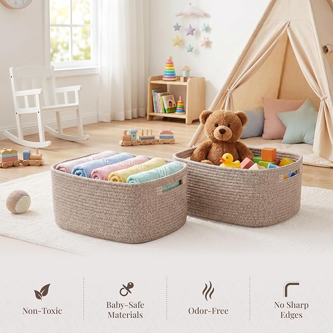 5-Pack Large Woven Rope Storage Baskets, 2 Sizes Organizer Bins | Fabric Cube Boxes and Rectangular Shallow Bins for Closet, Shelf, Bookshelf, Nursery, Changing Table, Bathroom, Toys & Home