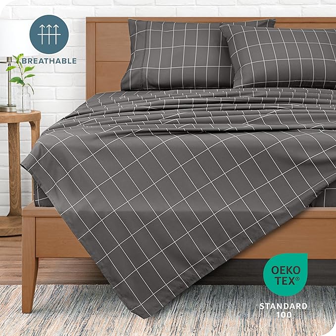 Bare Home Twin Sheet Set - Luxury 1800 Ultra- Soft Double Brushed Microfiber - Deep Pockets - Easy Fit - 3 Piece Bedding Sheet Set (Twin, Grid - Grey/White)