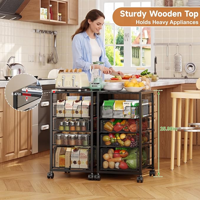 5-Tier Rolling Utility Cart with Adjustable Wood Top (Tabletop or Basket) | Metal Kitchen Storage Cart - Fruit Vegetable Storage Rack with Wheels & 4 Drawers,, Pantry Snack Cart for Cans, Craft, Art