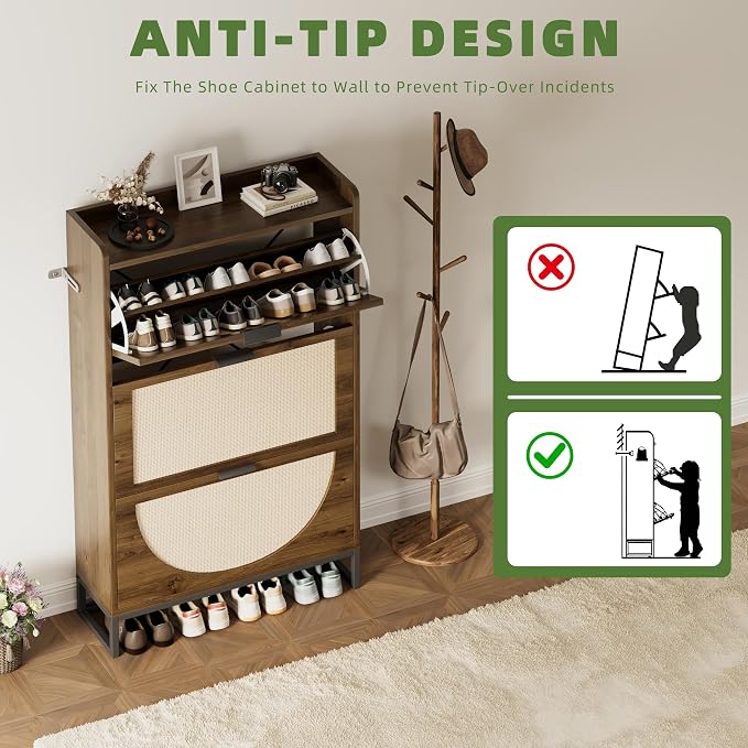 Flip Drawer Shoe Cabinet, Slim Narrow Entryway Storage Furniture with Hidden Flip-Open Organizer, Engineered Wood & Veneer Construction, Hallway Living Room Foyer, 3 Drawer, Oak