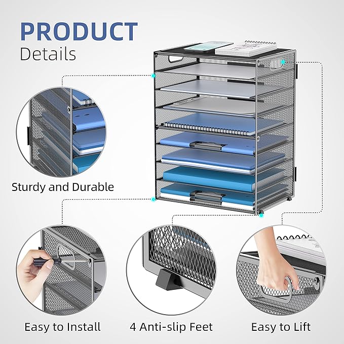 DALTACK 9-Tier Paper Organizer for Desk, Mesh Letter Tray Desk Organizer with Handles, Space-Saving File Organizer for Office Home School, Black
