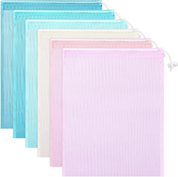 Frienda 6 Pieces Mesh Stuff Sack, 11 x 15 Inch Durable Nylon Drawstring Laundry Bag for Rinsing Beach Toys, Seashell Collecting, Mesh Bags for Travel(Macaron Color)