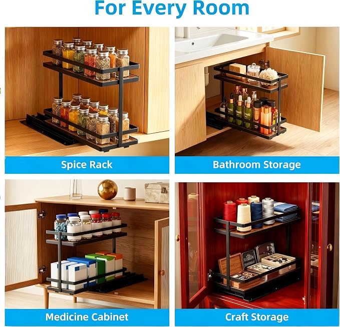 Pull Out Spice Rack 2Pcs Metal & Wood Seasoning Organizer Black | No-Drill Install | Full-Extension Silent Glide | Each Tier Holds 10–12 Standard Spice Bottles | Rustproof, Wipe-Clean Surface