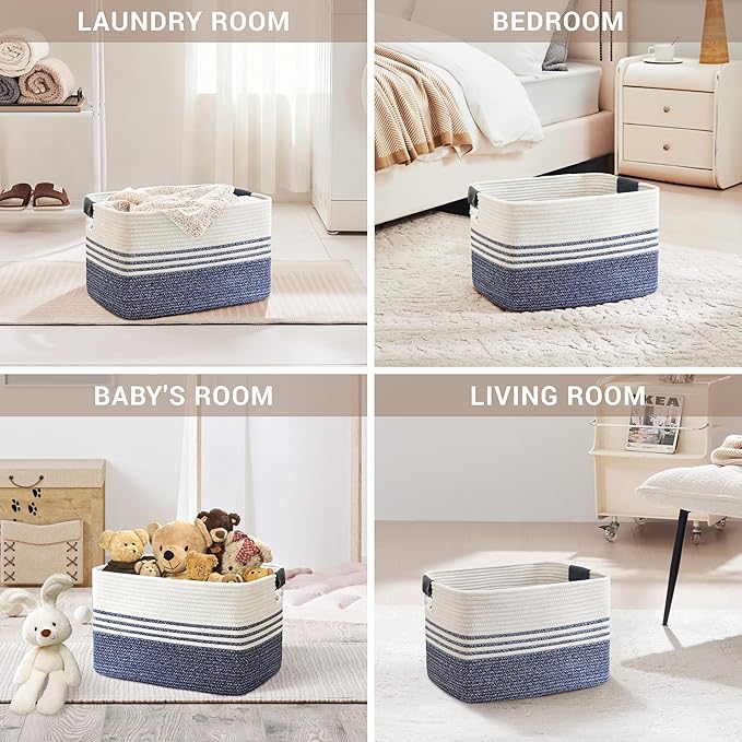 45L Woven Laundry Basket Hamper with Leather Handles,Denim Blue | 18"x14"x11", collapsible wicker hamper, storage for dirty clothes, toys, blankets, gifts, living room, bedroom, bathroom