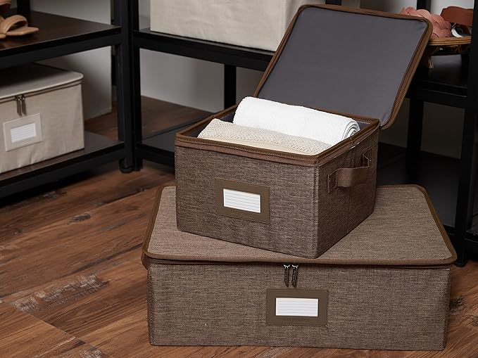 Covermates Keepsakes Zip-Top Storage Box Set, 3 Pack Heavy Duty Polyester Organizer Bins, Stackable Design, ID Window, Reinforced Handles, Closet Home Storage, Brown Heather