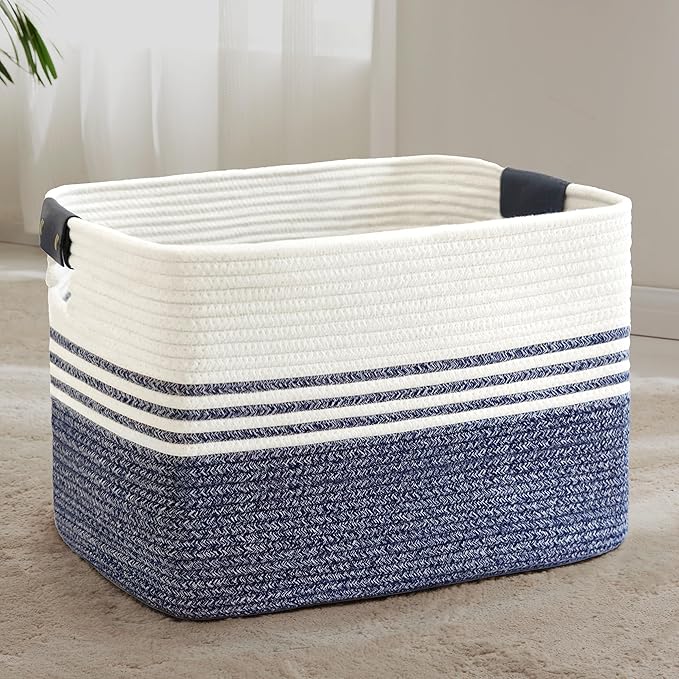 86L Woven Laundry Basket Hamper with Leather Handles,Denim Blue | 24"x16"x14", collapsible wicker hamper, storage for dirty clothes, toys, blankets, gifts, living room, bedroom, bathroom
