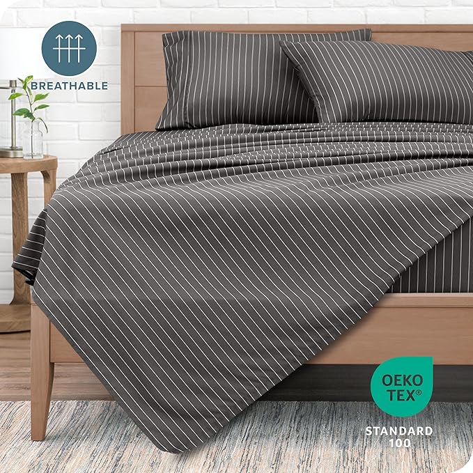 Bare Home California King Sheet Set - Luxury 1800 Ultra- Soft Double Brushed Microfiber - Deep Pockets - Easy Fit - 4 Piece Bedding Sheet Set (California King, Pinstripe - Grey/White)