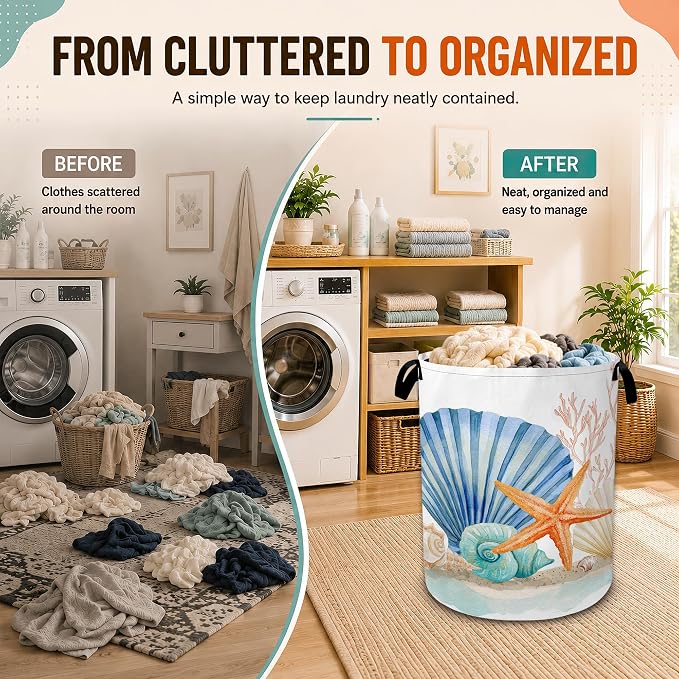 Starfish Laundry Basket,Coral Seashells Large Collapsible Portable Round Laundry Hamper with Handles,Oxford Storage Bin for Clothes,Blankets,Bedroom,Bathroom